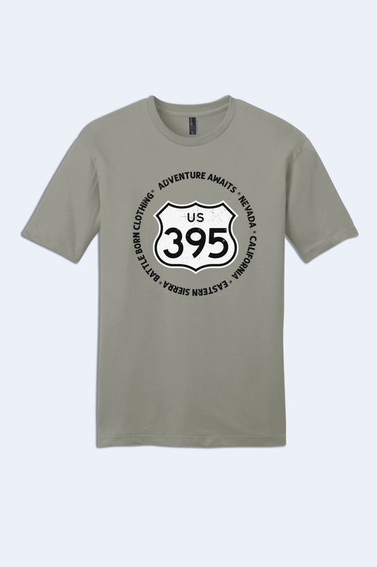 US Highway 395 Adventure Awaits Graphic Tee - Soft Ring - Spun Cotton T-Shirt | Battle Born Clothing - Shop Battle Born Clothing