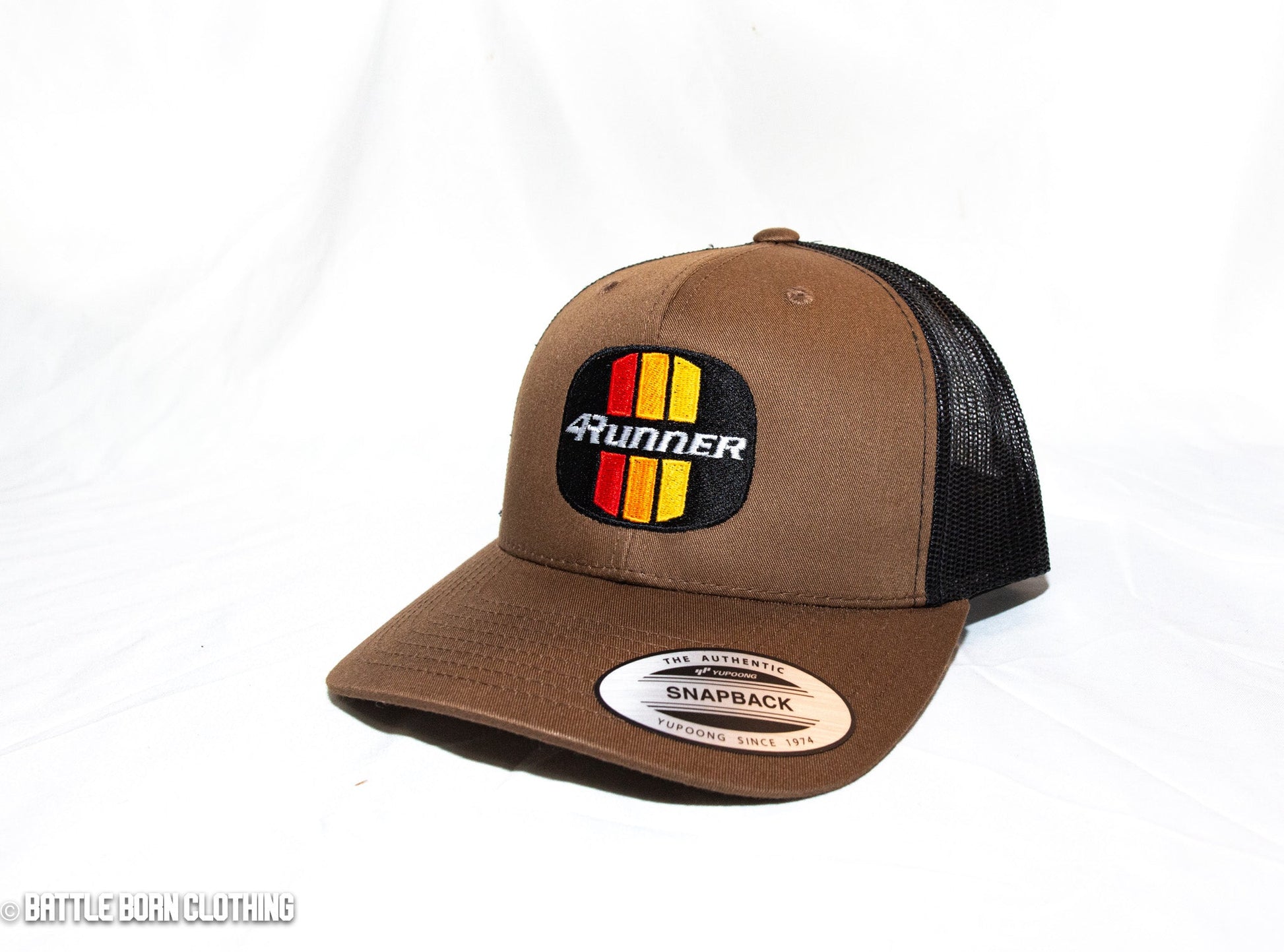 Coyote tan embroidered Vintage 3 Bar Toyota 4Runner Trucker hat coyote tan, most reliable trucker hat - Shop Battle Born Clothing